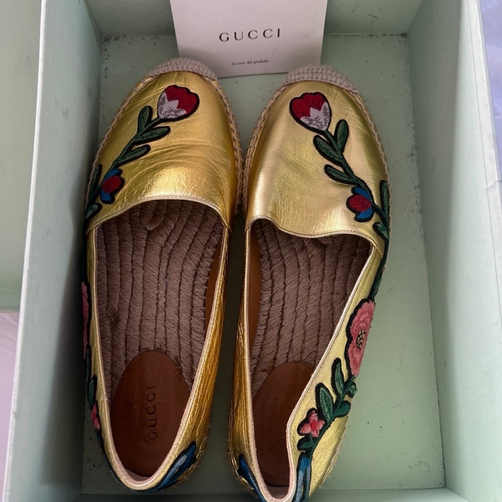 Gucci Pilar Floralembroidered Metallic Leather Espadrilles